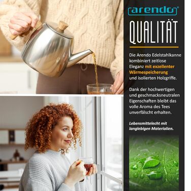 Заварник для чаю Arendo з нержавіючої сталі з ситом, 1000 мл, термос з подвійними стінками та дерев'яними ручками, сріблястий