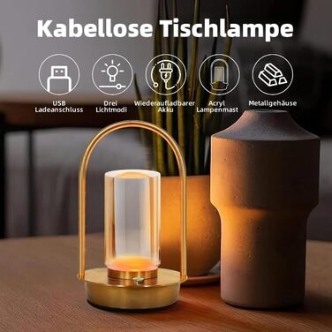 Світлодіодна настільна лампа з димером, акумуляторна, сенсорна, 3 режими світла, золота. Портативна кришталева лампа для дому та вулиці з USB-C