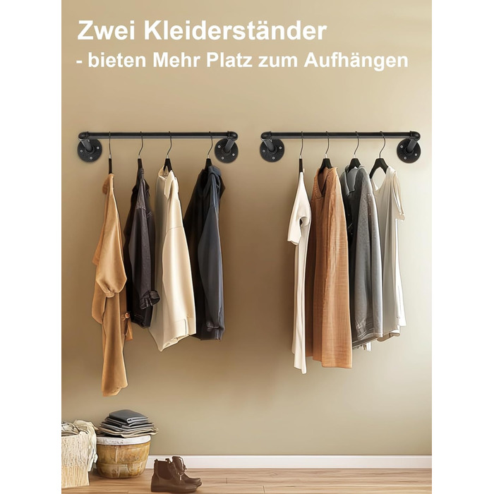 Wall-Mounted Clothes Rack, Pipe Clothes Rail, Industrial Style Wall Hangers, Detachable Metal Clothes Rods, Coat Rack, Bedroom for Hallways, Living Room, Bedroom (50cm - 2PCS)
