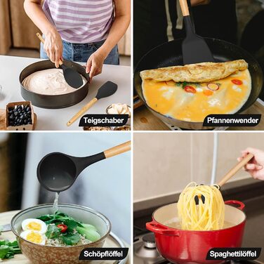 Набір кухонних аксесуарів Homikit 15 предметів з чорного силікону та дерев'яними ручками. Кухонний аксесуар, стійкий до високих температур, легко миється. З підставкою для аксесуарів.