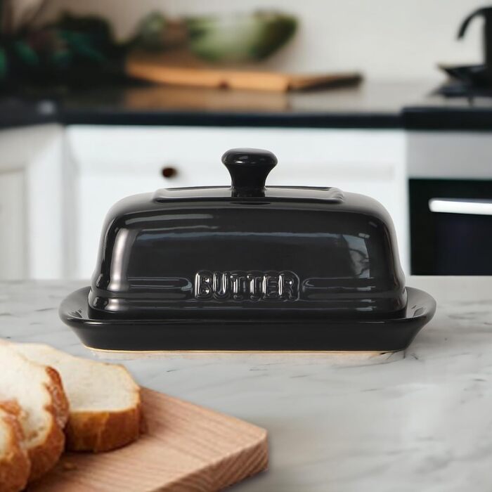 Ceramic Butter Dish with Lid for Countertop, 12.7 x 19.1 cm, Large Butter Container, Black Butter Holder for 2 Sticks, Butter Dispenser for Kitchen Countertop, Ceramic Butter Dishes with