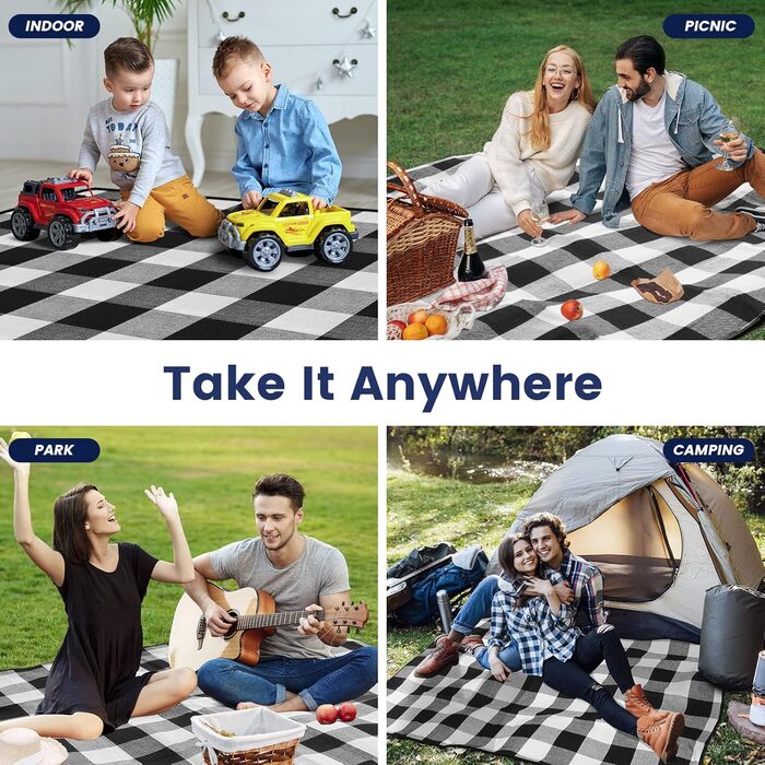 Плед для пікніка великого розміру 203x203 см, вологостійкий, миючий, піскостійкий, складний, 3-шаровий, блакитно-білий, для відпочинку на природі