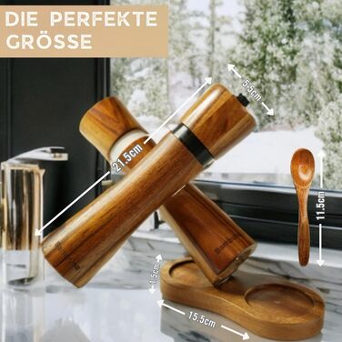Набір для перцю та солі BAMBUNA з акацієвого дерева - 5 шт. з регульованою керамічною жорна - ручна млинка з підставкою та ложкою - Made in Germany