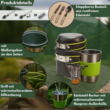 Набір кухонного посуду для кемпінгу Coemo 7 предметів з пальником - набір для приготування їжі на відкритому повітрі з каструлею, сковородою, столовим приладдям та чашкою, зелений M