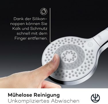 KLUDI-X3 Universal Shower Head with Hose, optional shower spray, water-saving with 3 spray patterns (Body, Hair, Skin), easy-to-clean shower head Ø 11.7 cm, shower hose 1.60 m