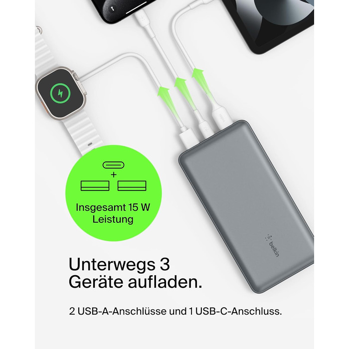 Powerbank Belkin 20000mAh з USB-C та USB-A, 20K, сірий, для iPhone, Galaxy, Pixel, iPad, AirPods