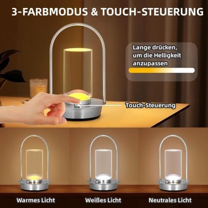Світлодіодна настільна лампа з димером, акумуляторна, бездротова, сенсорна, 3 режими світла, кришталева, портативна, USB-C зарядка (Срібло)