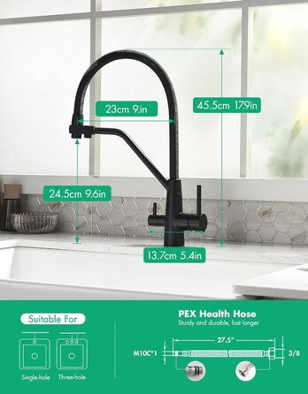 Змішувач кухонний поворотний на 360° з висувним дощувачем, з позолоченим покриттям, для кухні, однорідний, з трьома виходами, чорний