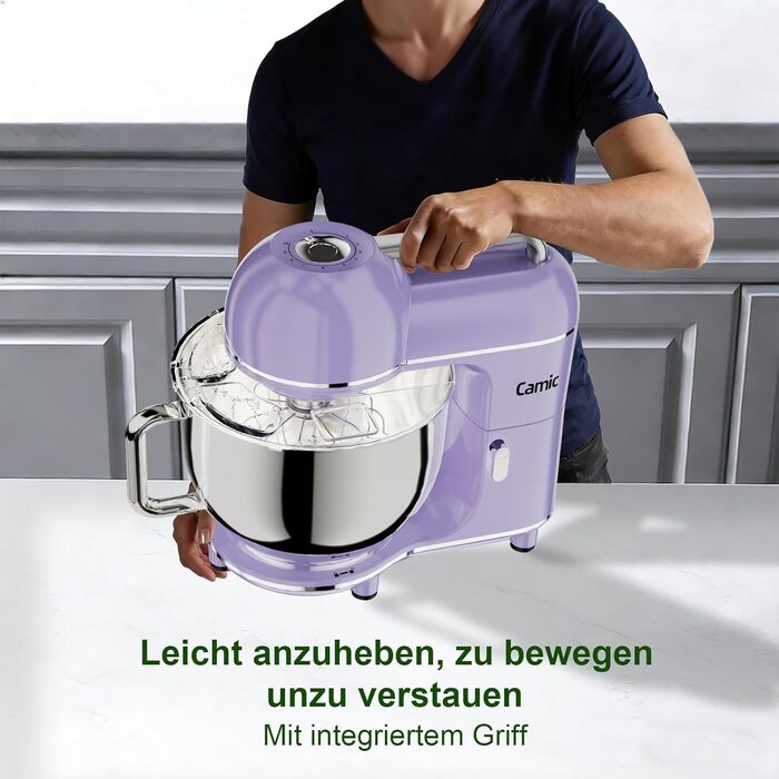 Кухонна машина Camic 2000W: планетарний міксер з чашею з нержавіючої сталі 7л, 10 швидкостями, набором насадок та захистом від бризок, світло-фіолетова