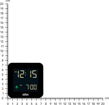 Braun Digital Alarm Clock with Snooze Function, Negative LCD Display, Quick-Set Function, Crescendo Alarm in Black, Model BC09B.