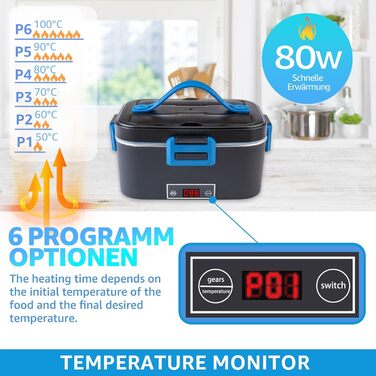 Електрична ланч-бокс Kimfead з індикатором температури, 1.8L, 80W, 12V/24V/230V, з сумкою та столовим прибором, для авто/вантажівки/офісу (синій індикатор температури)