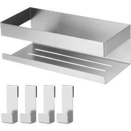 Поличка для душу без свердління з 4 гачками, поличка для душу з нержавіючої сталі SUS304, поличка для ванної кімнати, підходить для ванних кімнат та кухонь