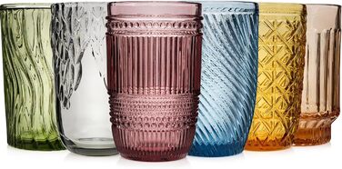 Sänger Drinking Glasses Set Faro - 6-Piece Glasses Set for 6 People made of Glass, Water Glasses, Multi-Colored, Unique Cut Design, Suitable for Everyday Use, Family Meals, Office, Outdoor Juice Glasses Set | 330 ml