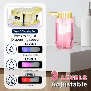 Автоматичний безконтактний диспенсер для мила на 300 мл з рожевого скла, перезаряджуваний, без дотиків, з електричним сенсором, для дому та офісу