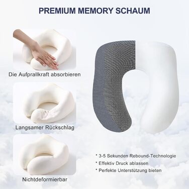Подушка для шиї у подорожах: м'яка піна пам'яті, бавовна, U-подібна форма, з чохлом, для автомобіля, літака, офісу (сіра)
