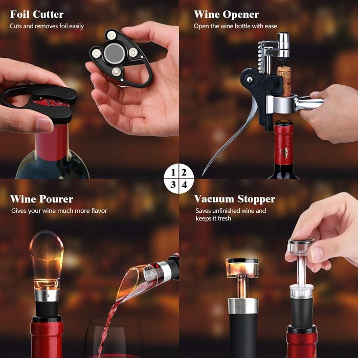 Corkscrew Wine Gift Set, Premium Wine Opener Set with Foil Cutter, Wine Pourer, Vacuum Wine Stopper, for All Types of Corks, Gift for Men and Women