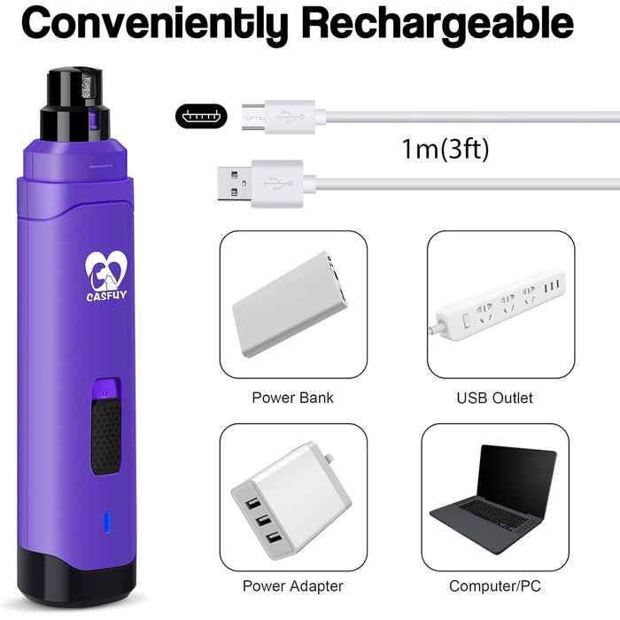 Електричний точило для кігтів собак Casfuy - професійний, 2 швидкості, перезаряджається, для собак та котів (фіолетовий)