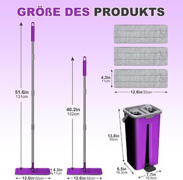 Набір для миття підлоги Masthome з відром: плоский моп, 3 мікрофібрових насадки, відро з нержавіючою сталею, моп з функцією віджиму, для прибирання підлоги