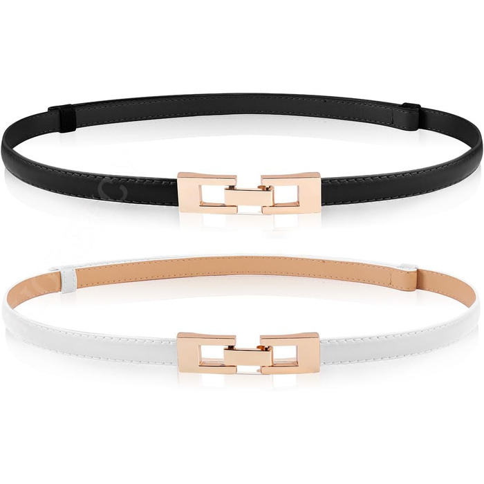 Жіночі шкіряні ремені (2 шт.) - тонкі, з золотою пряжкою для суконь та пальто (чорний+білий)