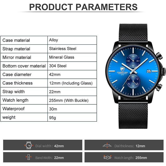 Чоловічий годинник, спортивний, кварцовий, аналоговий, чорний mesh-браслет, нержавіюча сталь, водонепроникний, хронограф, автоматична дата (чорний-чорний-синій)