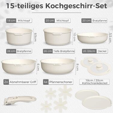 Набір кухонного посуду YASHE 15 предметів: каструлі та сковорідки з гранітно-посудомийним покриттям, знімні ручки, компактний, легко миється, сумісний з індукцією, газом та склокерамікою, білий