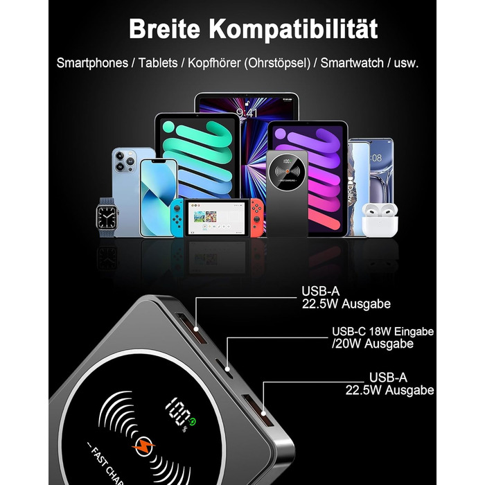 Портативний зарядний пристрій Power Bank Klein 10000mAh з USB-C, 3 порти, сумісний з iPhone 17/16/15/14/13 Pro Max Plus Mini, Android, чорний