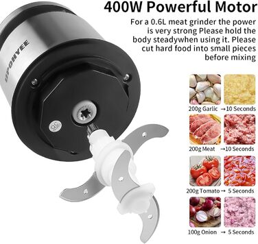 Електричний подрібнювач 600W з чашею з нержавіючої сталі, 2L, 2 швидкості, 4 леза для овочів та часнику