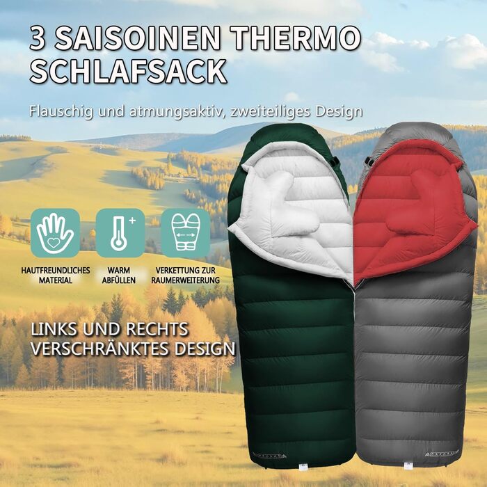 Спальний мішок для дорослих з пухом, 680FP, Outdoor, зимовий, для кемпінгу, походів та подорожей, з компресійним мішком, -10°C, сірий