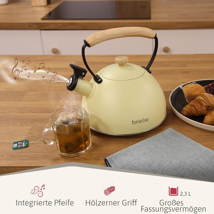 Чайник Induktion Retro 2.3L Edelstahl з ручкою Cool-Touch, жовтий, для чаю та кави