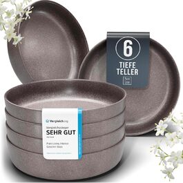 Stoneware Soup Bowls, 6 Person Serving. High-Quality Urban Style TEST VERY GOOD. Deep Plate Set - Scratch-Resistant, Dishwasher & Microwave Safe - Pasta Bowls, Deep & Large - Pure Living Dinnerware in Matte Gray-Brown