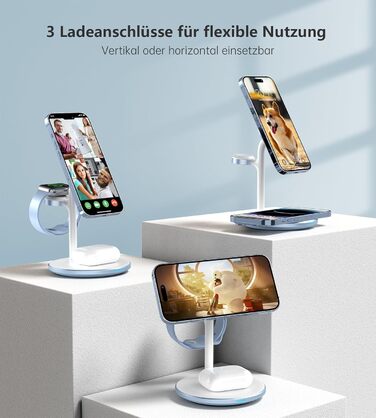 База для бездротової зарядки 3-в-1: iPhone, iWatch, AirPods, 15W, MagSafe, фіолетовий (світло-блакитний)