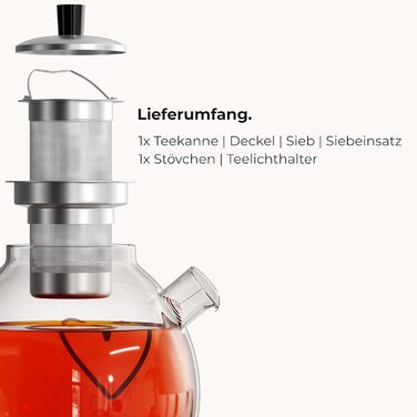 Скляний чайник Teekanne з підставкою-підігрівачем та ситом, боросилікатне скло, 1.5 л, з фільтром з нержавіючої сталі для листового та трав'яного чаю