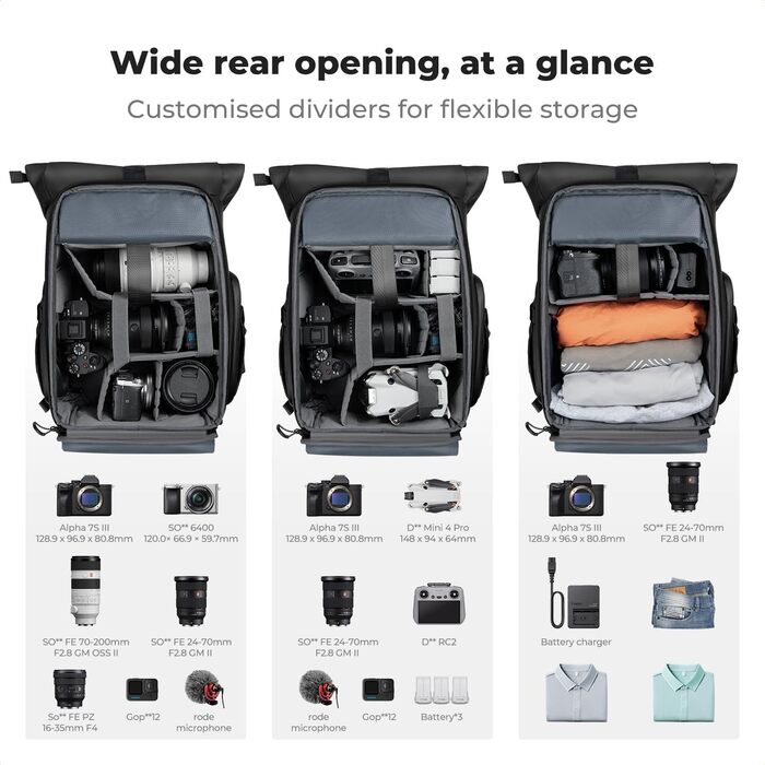 Рюкзак для камери K&F CONCEPT, водонепроникний, великий, з розширеним об'ємом, відділення для ноутбука 15.6 дюймів, для DSLR/SLR камер