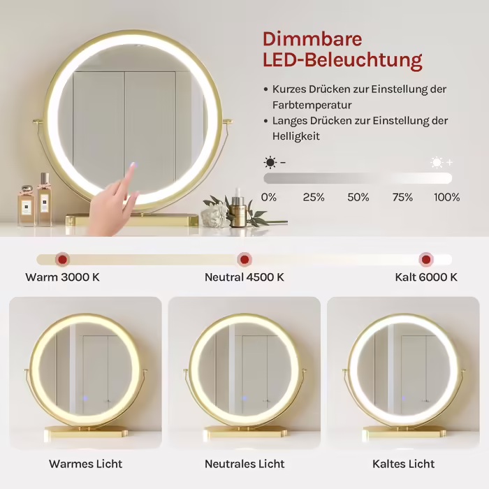 WOLTU Vanity Table with Mirror and Stool, Dressing Table with 3 Drawers Made of Solid Wood, Large High-Gloss Tabletop, Modern Cosmetic Table from Velvet and Metal, White, MB6080gr (Grey, 100x40cm with LED Lighting)