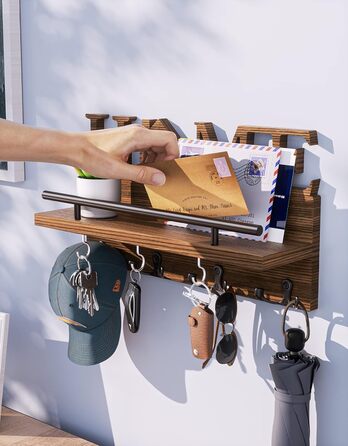 Дерев'яна полиця для ключів SWTYMIKI з 7 гачками - органайзер настінний, ключниця з полицею, браун