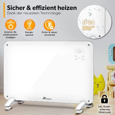 Електричний скляний конвектор TRESKO 2000 Вт з Wi-Fi, сенсорним та LCD-дисплеєм, дистанційним керуванням, настінний або підлоговий, білий