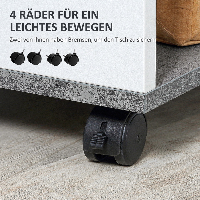 HOMCOM Bedside Table with 4 Wheels, 3 Shelves, 35 x 29.5 x 65.5 cm, Gray/White