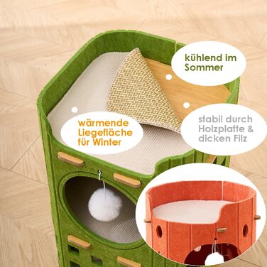 Котяча кігтеточка преміум-класу з 4 ярусами та 3 будиночками, філц, 90 см, зелений (помаранчевий), 35x35x90 см