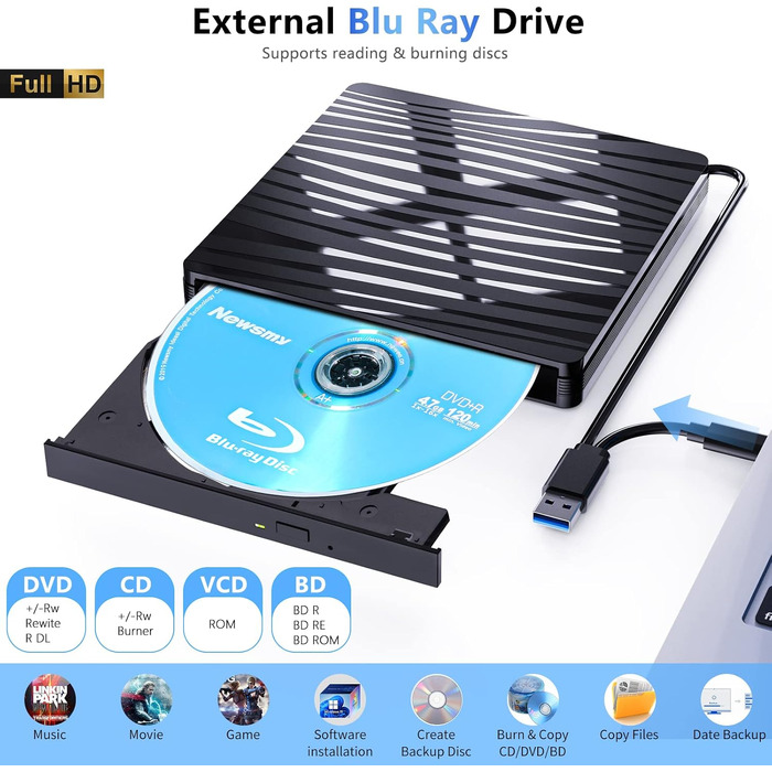 Зовнішній DVD-привід USB 3.0 та Type-C, портативний CD/DVD+/-RW записувач (Blu-ray) для ноутбука, ПК, MacBook, Windows, macOS, Linux