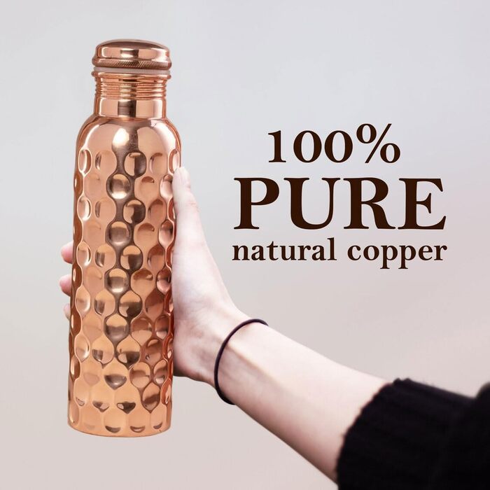 Copper water bottle with diamond cut design, leak-proof, Ayurvedic drinking vessel, copper flask for sports, gym, outdoor activities, yoga