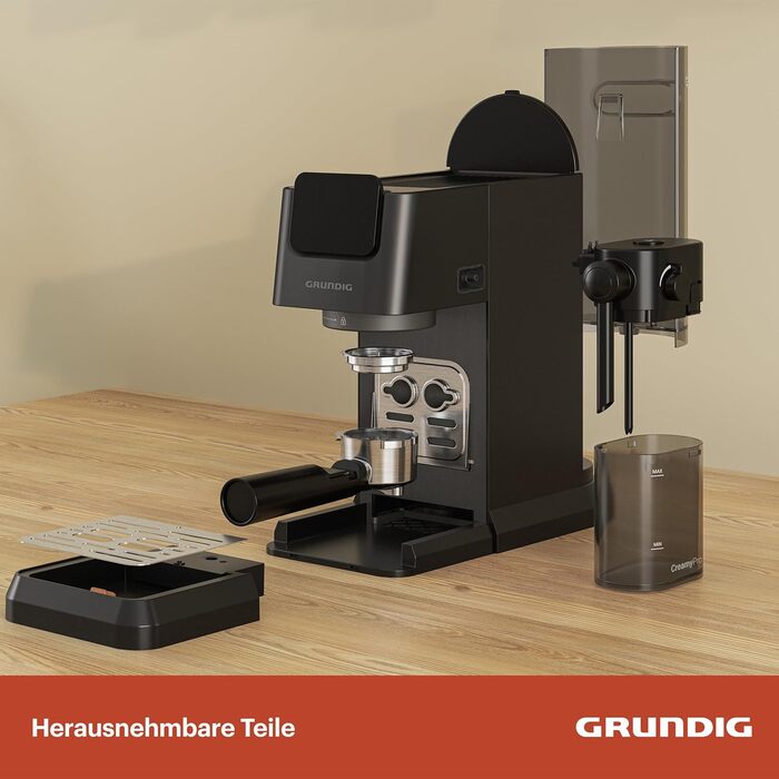GRUNDIG KSM 5330 Espresso Machine with Integrated Milk Container, 1628 W Power, 15 bar Pump Pressure, Dual Nozzle, Color Touch Display, BrewSense, CreamyPro, Dark Inox/Black. With Milk Container