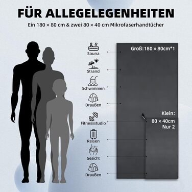 Набір з 3 рушників з мікрофібри: великий (180x80 см) та 2 маленькі (80x40 см). Швидковисихаючі рушники з мікрофібри для спорту, пляжу, ванни та подорожей (темно-сірий)