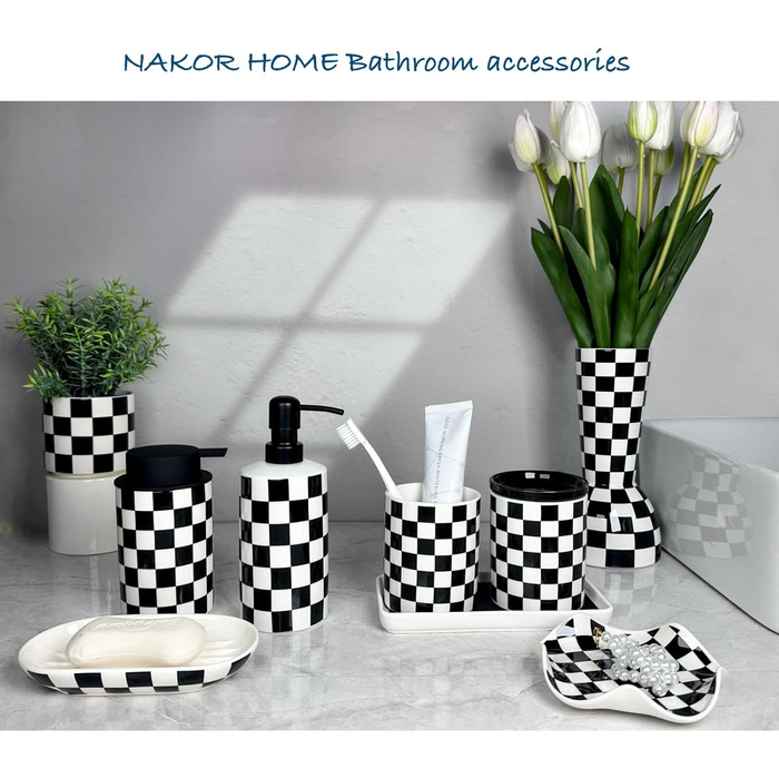 Bathroom Toothbrush Holder, Bathroom, Toothbrush Holder Set, Modern, Cute, Toothbrush and Toothpaste Holders for Bathroom, Countertop, Organizer, Black and White Plaid Decor
