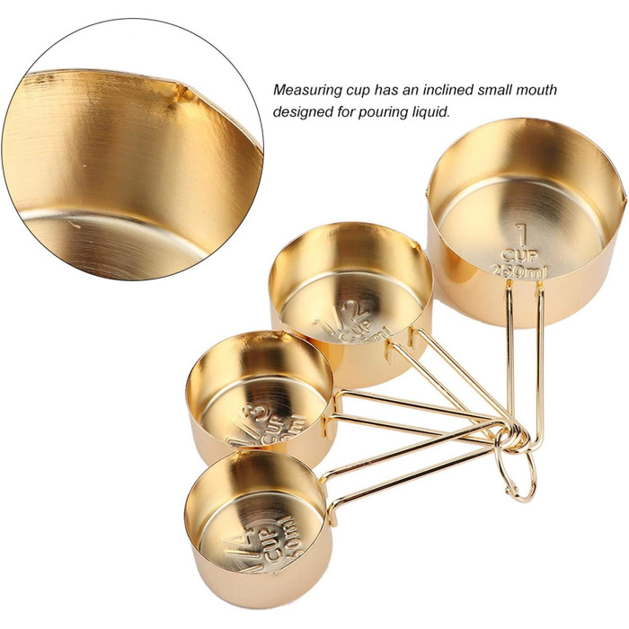 WAAZI 8-Piece Measuring Cup and Spoon Set, Stainless Steel Measuring Spoons with Buckle, Kitchen Baking Accessories for Milk-Tea Shops, Bars, Cafés, Kitchen Utensils (Color: Gold)