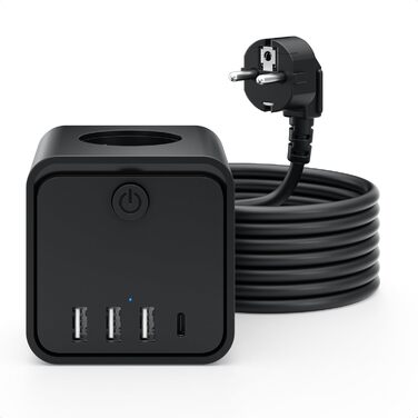 Мережевий фільтр подовжувач 7 в 1 з USB-портами, 3 розетки, з вимикачем, кабель 2 м, чорний — для дому та офісу