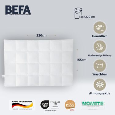 Ковдра з пуху та пера BEFA NATUR 155x220 см, для всіх сезонів, гіпоалергенна, сертифікат Öko-Tex, Німеччина