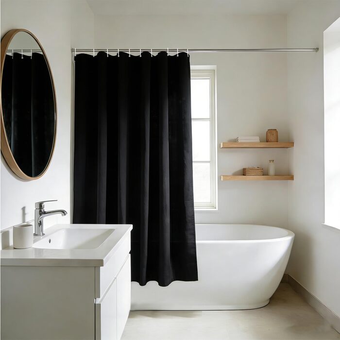 Штора для душу YISURE 150x150 см чорна, текстильна, поліестер, з металевими люверсами, машинне прання