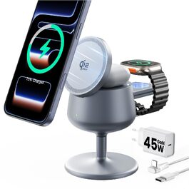 Бездротова зарядна станція 3-в-1 GEEKERA Qi2.2 25W для Apple: MagSafe швидкий заряд для iPhone 17/16/12, Apple Watch та AirPods, адаптер GaN 45W, срібляста