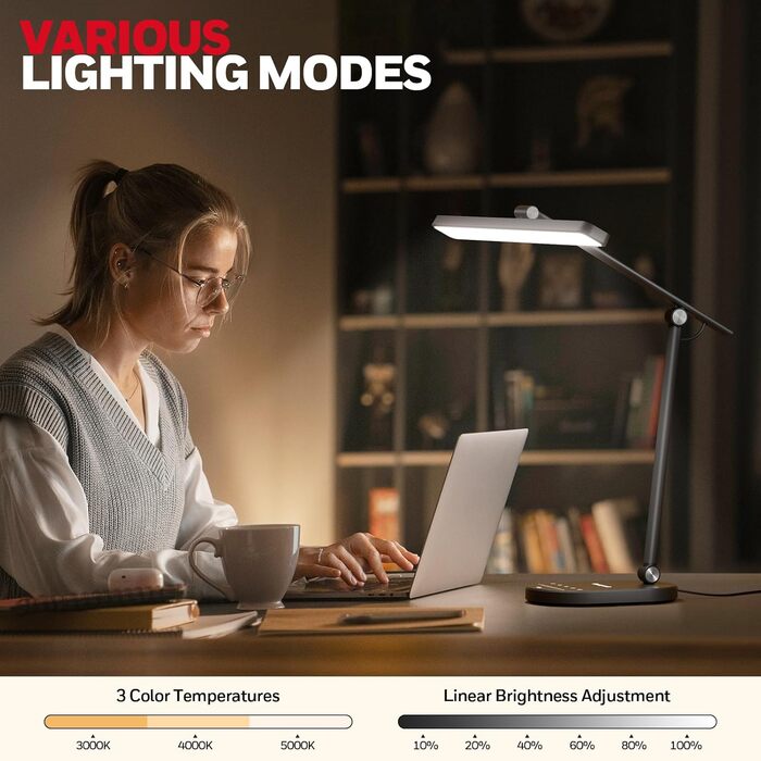 Настільна LED лампа Honeywell H4 Sunturalux - Офісна лампа з диммером, 3 режими кольору, 5 рівнів яскравості, таймер, сенсорне управління, сірий (чорний)