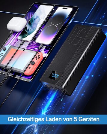 Power Bank 50000mAh 22.5W: Зовнішній акумулятор з великою ємністю, 5 USB виходів, 3 входи, чорний